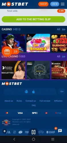 Mostbet mobile footer section