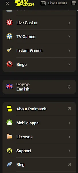 PariMatch mobile app section