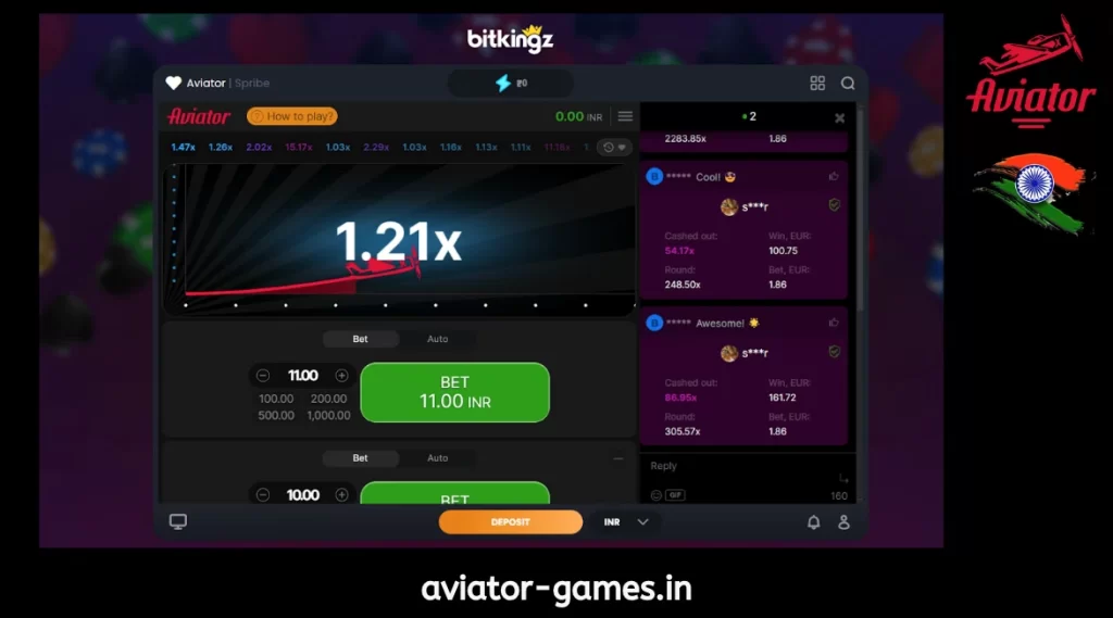 Screen of the Aviator game on the Bitkingz platform, popular in India, featuring a betting interface and live results